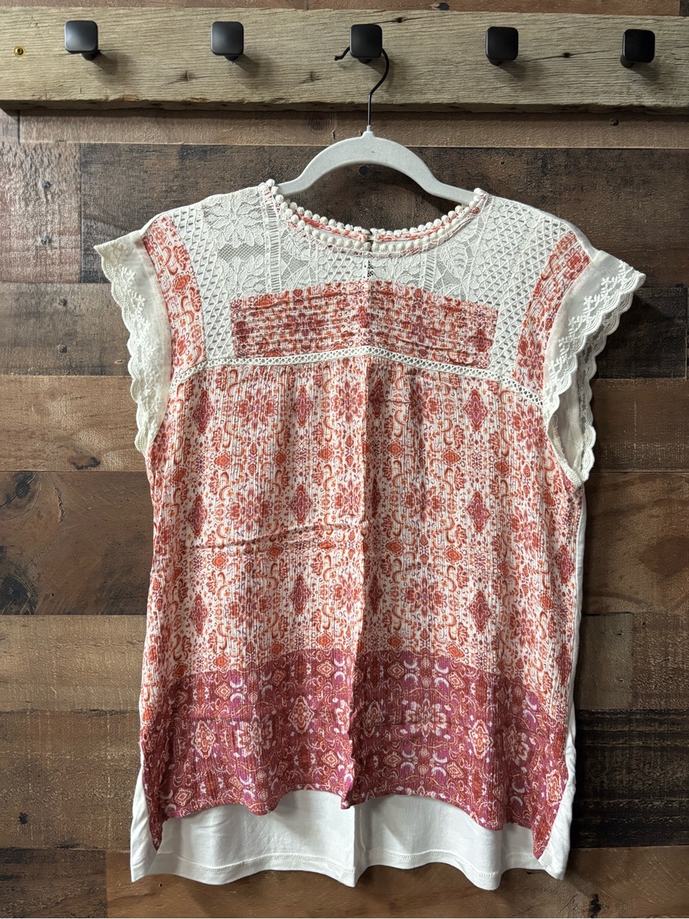 Maurices Cream and Coral Lace-Trim Short Sleeve Boho Top